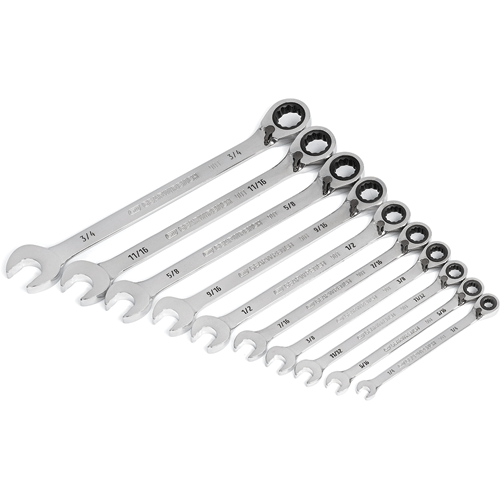 Picture of 10 Pc. 90-Tooth 12 Point SAE Reversible Ratcheting Wrench Set, 1/4"-3/4"