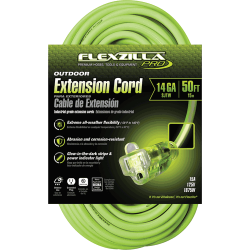 Picture of Flexzilla® Pro Extension Cord, 14/3 AWG SJTW, 50', Outdoor, Lighted Plug, ZillaGreen™