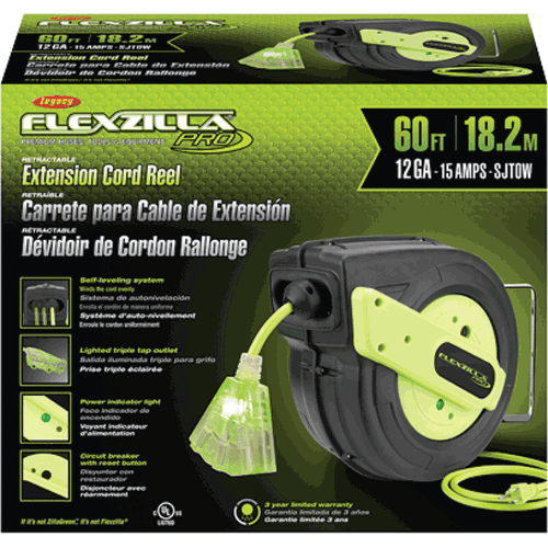 Picture of Flexzilla® Pro Retractable Extension Cord Reel, 60', 12/3 AWG SJTOW, Grounded Triple Tap Outlet, Indoor/Dry Locations, ZillaGreen™