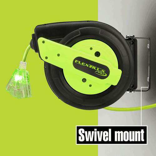 Picture of Flexzilla® Pro Retractable Extension Cord Reel, 60', 12/3 AWG SJTOW, Grounded Triple Tap Outlet, Indoor/Dry Locations, ZillaGreen™