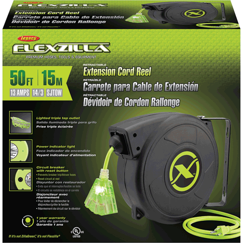 Picture of Flexzilla® Retractable Extension Cord Reel, 50', 14/3 AWG SJTOW, Grounded Triple Tap Outlet, Indoor/Dry Locations, ZillaGreen™