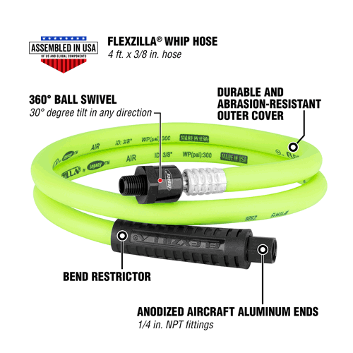 Picture of Flexzilla® Whip Hose with Ball Swivel, 3/8" x 4', ZillaGreen®