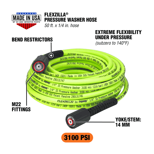 Picture of Flexzilla® Pressure Washer Hose, 1/4" x 50’, 3100 PSI, M22 Fittings, ZillaGreen®