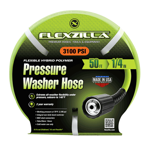 Picture of Flexzilla® Pressure Washer Hose, 1/4" x 50’, 3100 PSI, M22 Fittings, ZillaGreen®