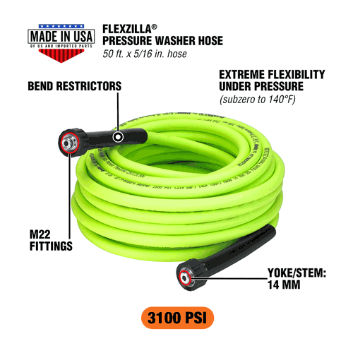 Picture of Flexzilla® Pressure Washer Hose, 5/16" x 50', M22 Fittings, 3100 PSI, ZillaGreen®