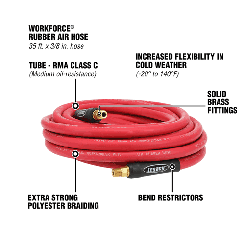 Picture of Workforce® Air Hose, 3/8" x 35', 1/4" Fittings, Red, Rubber