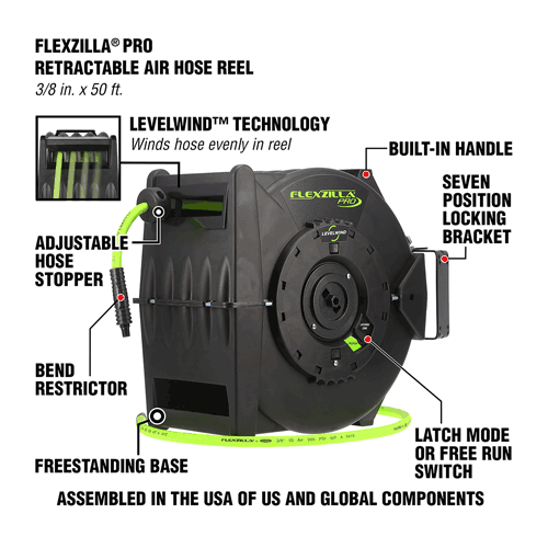 Picture of Flexzilla® Pro Retractable Air Hose Reel with Levelwind™ Technology, 3/8" x 50', ZillaGreen™