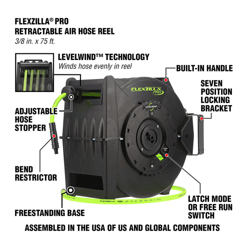 Picture of Flexzilla® Pro Retractable Air Hose Reel with Levelwind™ Technology, 3/8" x 75', ZillaGreen™