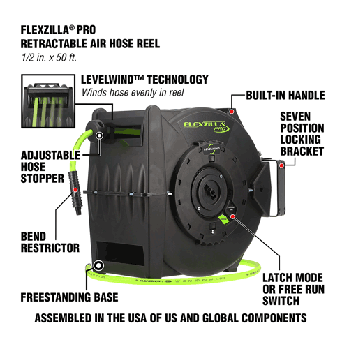 Picture of Flexzilla® Pro Retractable Air Hose Reel with Levelwind™ Technology, 1/2" x 50', ZillaGreen™