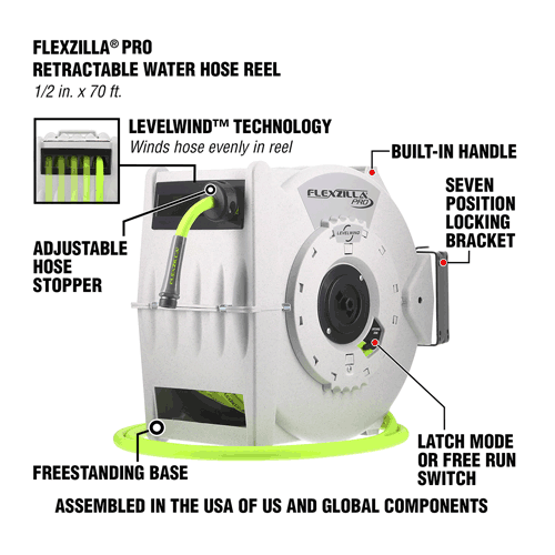 Picture of Flexzilla® Pro Retractable Water Hose Reel with Levelwind™ Technology, 1/2" x 70', ZillaGreen™