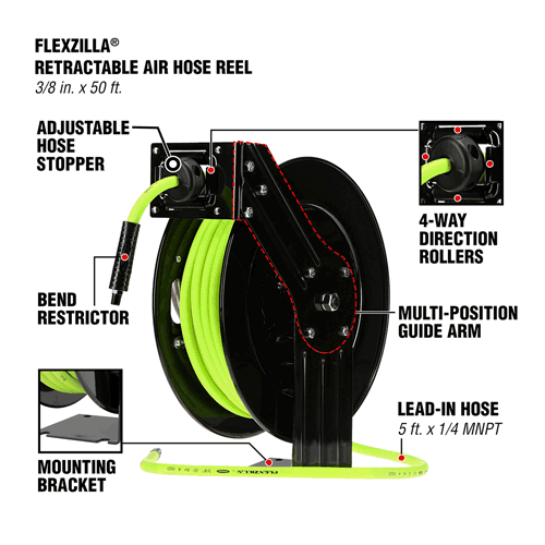 Picture of Flexzilla® Retractable Air Hose Reel, Open Face, Single Axle Arm, 3/8" x 50', ZillaGreen™