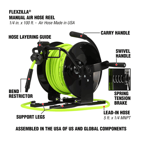 Picture of Flexzilla® Manual Air Hose Reel, Open Face, Portable, 1/4" x 100', ZillaGreen™