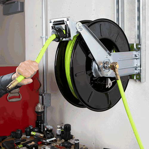 Picture of Flexzilla® Pro Retractable Air Hose Reel, Open Face, Dual Axle Arm, 1/2" x 50', ZillaGreen™