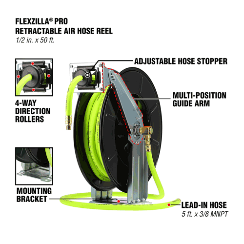 Picture of Flexzilla® Pro Retractable Air Hose Reel, Open Face, Dual Axle Arm, 1/2" x 50', ZillaGreen™