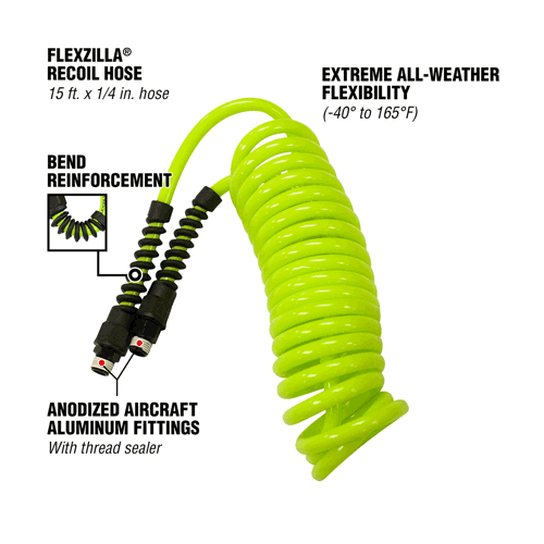 Picture of Flexzilla® Polyurethane Recoil Hose, 1/4" x 15' with 1/4" MNPT Fittings, ZillaGreen®