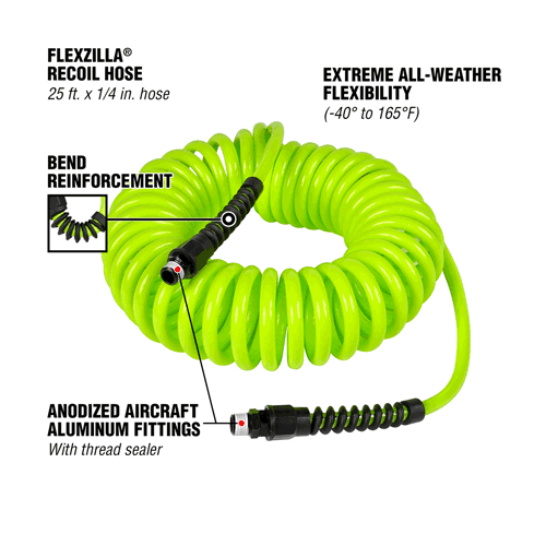 Picture of Flexzilla® Polyurethane Recoil Air Hose, 1/4" x 25' with 1/4" MNPT Fittings, ZillaGreen®