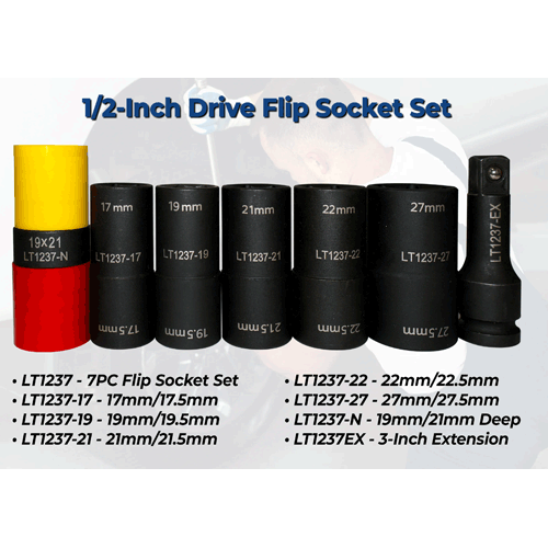 Picture of 1/2-Inch Drive Flip Socket Set (7-Piece) For Standard, Or Damaged Capped/Clad Lug Nuts